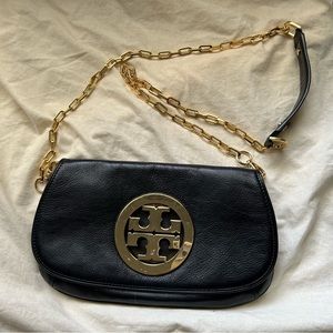 Tory Burch Black Leather Raphael Logo Crossbody Bag Gold